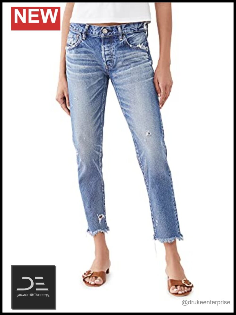 MOUSSY VINTAGE Keller Tapered Blue Jeans 100% Cotton Non-Stretch Distressed